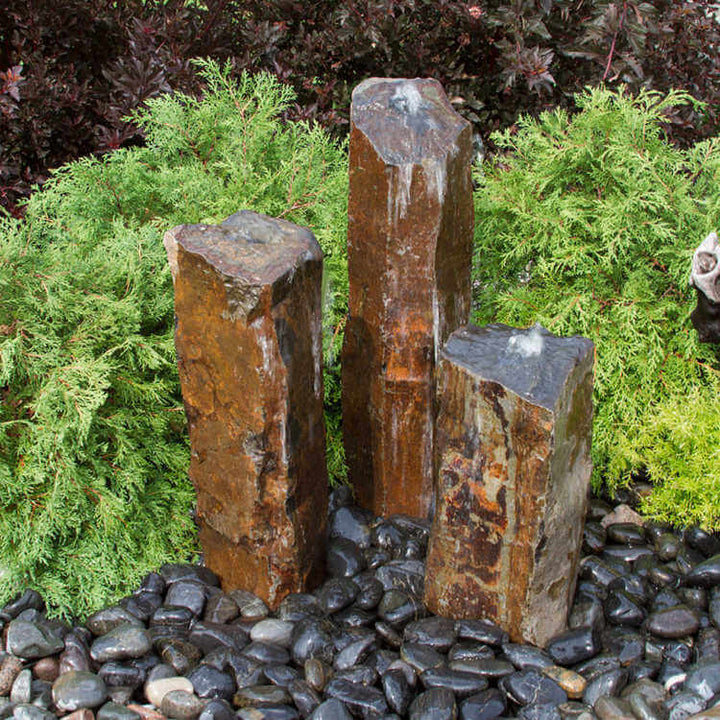 Basalt Triple Fountain with Black Polished Pebbles