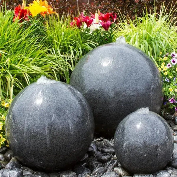 Triple Black Granite Sphere- 12", 18", & 24" dia - trio spherical ball-shaped