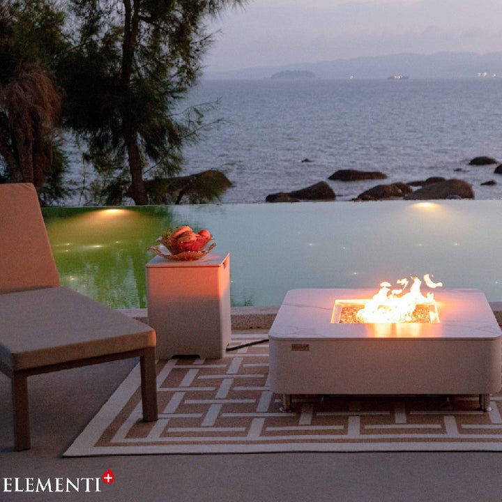 Elementi Plus Annecy Marble Porcelain Fire Pit Table - Night Burning