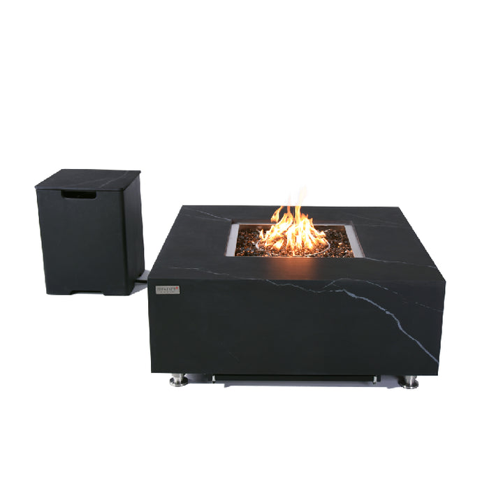Elementi Plus Sofia marble porcelain fire table with coordinating propane tank cover