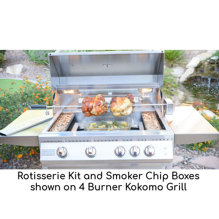 Kokomo Grills Rotisserie Kit and Smoker Chip Boxes in Use