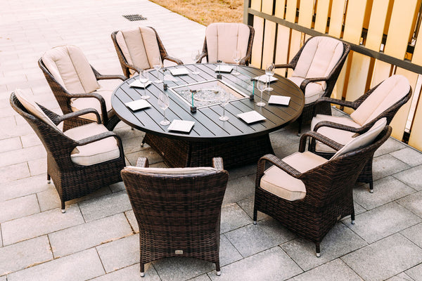 Aspen Wicker Outdoor Dining Set with Fire Pit; 9-Piece